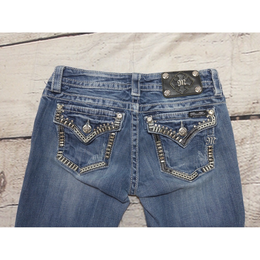 Miss Me Signature Skinny Jeans Womens 27 Blue Embellished Flap Pocket Low‎ Rise - Picture 6 of 10